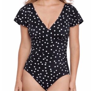 NWT SWIM SOLUTIONS Flutter Ruffle Sleeve Polka Dot One Piece Swimsuit Sz. 10
